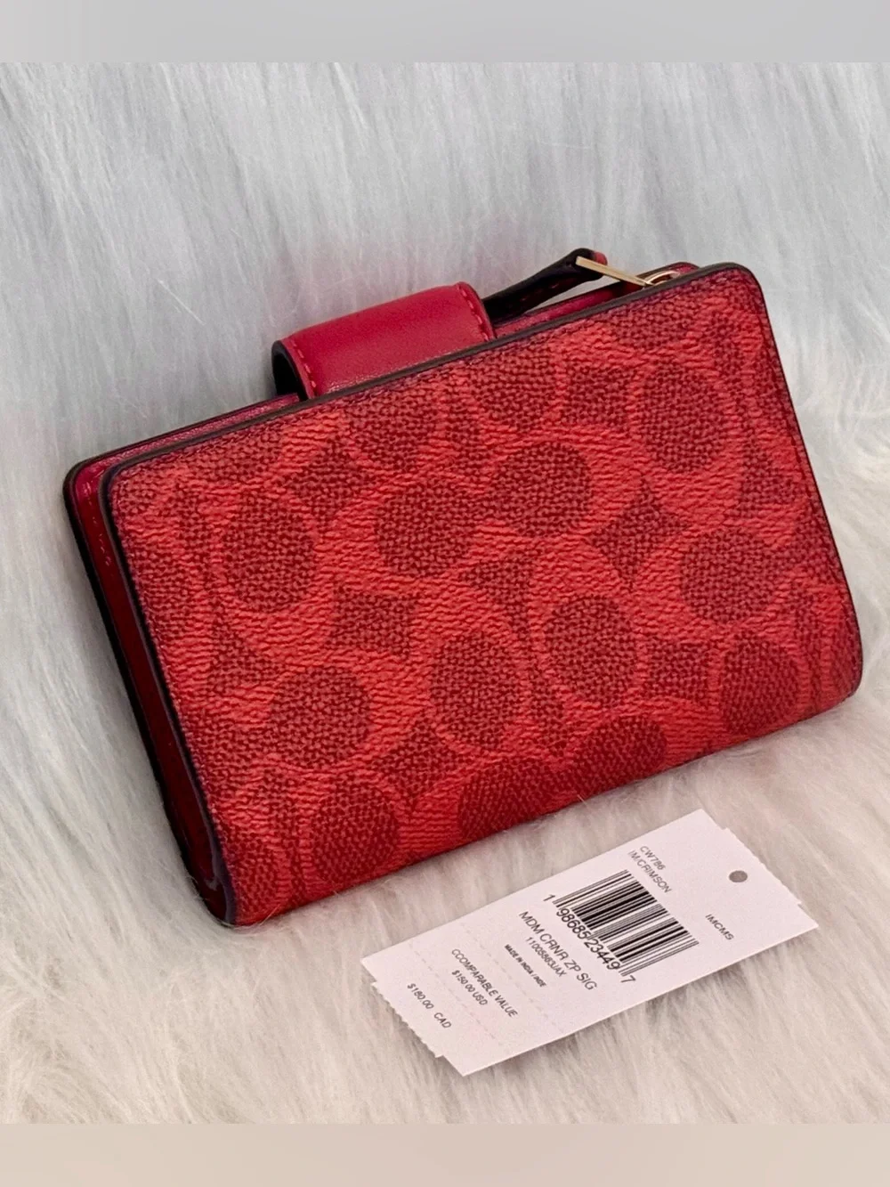 NWT Coach Medium Corner Zip Wallet In Signature Canvas GOLD/CRIMSON CW786